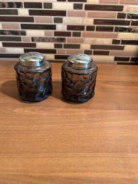 Vintage Smoky Glass Salt and Pepper Shakers with Silver Tops